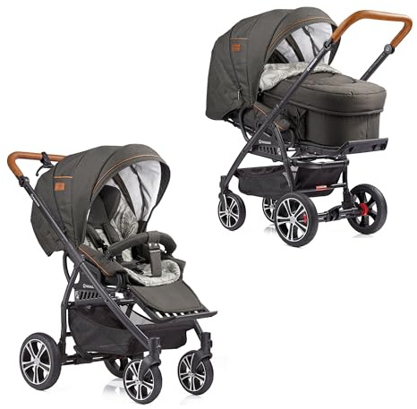 Gesslein F4 Classic Kombikinderwagen 3-in-1 mit Tragetasche C2, Handbremse, 96 cm Liegefläche, Fußsack-Funktion, Babyschalen-Adapter, kompakt klappbar, dark olive