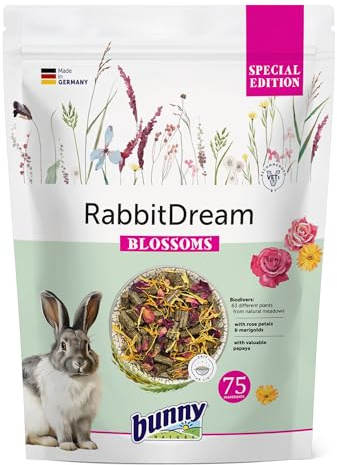 Bunny Nature Rabbit Food Pellets RabbitDream Blossoms, 63 Herbs, Rose Petals, Marigold, Papaya, High Fiber, Grain Free, Digestive Health, Skin & Coat - 3.3 lbs