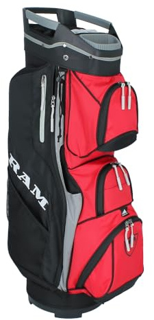 Ram Golf Deluxe Trolley Bag with 14 Full Length Dividers and Putter Slot, Black/Red/Silver
