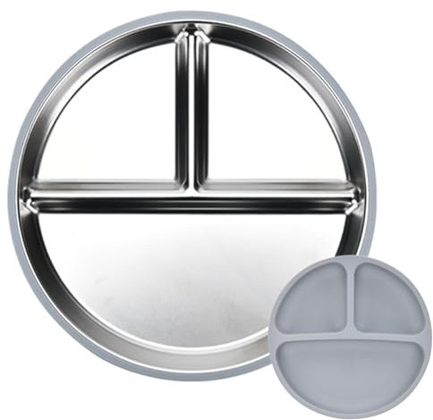 Barntallrik i rostfritt stål, 23 cm portionskontrolltallrik med 3 fack, uppdelade tallrikar med silikonfodral, metalltallrikar för frukt och kött