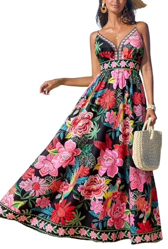 CUPSHE Women's Summer Dresses Casual Spring V Neck Sleeveless Floral Beach Vacation Long Spaghetti Strap Flowy Maxi Wedding Guest Dress Black Floral, M