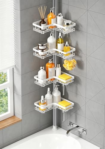Kegii Estantería Ducha Telescópica Esquina 4 Niveles Blanca, Acero Inoxidable 63.5-290 cm, Organizador Baño para Gel, Champú, Toallas - Ideal Esquina Ducha/Bañera