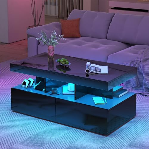 JiaOyu Tavolino da salotto con illuminazione LED, tavolino lucido da soggiorno con 2 cassetti e vano aperto, tavolino da caffè e da divano per soggiorno e ufficio, 104x53x46 cm