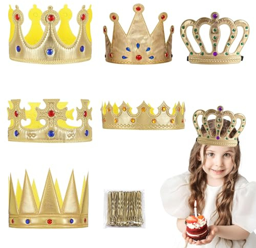 Muorruo 6 piezas de coronas de cumpleaños, coronas de espuma, coronas doradas de príncipe y princesa, coronas de rey y reina, gorros con gemas para accesorios de fiesta de cumpleaños, corona de