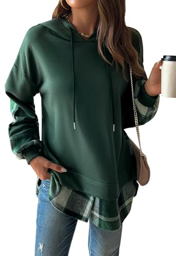 JFAN Sweat À Capuche Femme Manches Longues Sweat-Shirt À Carreaux Couleur Contrastée Hoodies avec Cordon De Serrage Vert M