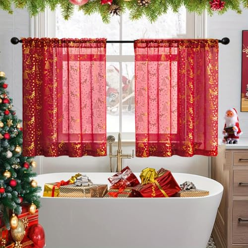 Xiyocadt 2er Set Weihnachtlicher Kurzer Transparenter Vorhang für Die Küche, B63.5*H63 cm Weihnachtsgardinen Kurz, Rot Leinenoptik Transparent ösenvorhang, mit Goldernem Muster Vorhang