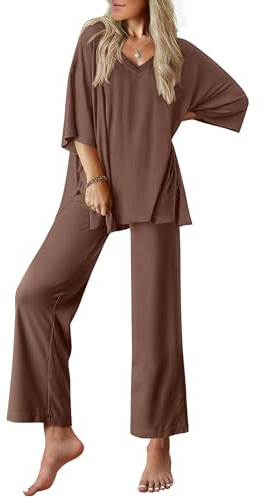 Ekouaer Lounge Sets for Women Pajamas Set Short Sleeve Tops and Long Pants Soft 2 Piece Outfits with Pockets Brown Medium