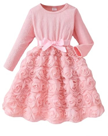 JiAmy Girls Flower Dress Long Sleeve Rose Tulle Princess Party Dress with Satin Bow, Toddler Little Girls Birthday Wedding Occasion Dresses 7 Years, Pink