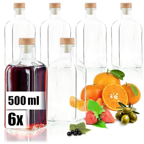 Robin Goods® 6x Bottiglie in Vetro 500 ml con Tappo in Sughero, Contenitori Vuoti per Olio, Aceto o Liquori