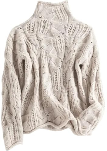 LIEROLYE Maglione Dolcevita Largo da Donna, Comodo Pullover Traforato In Maglia a Trecce, Top con Collo Alto In Tinta Unita(Beige,XXL)