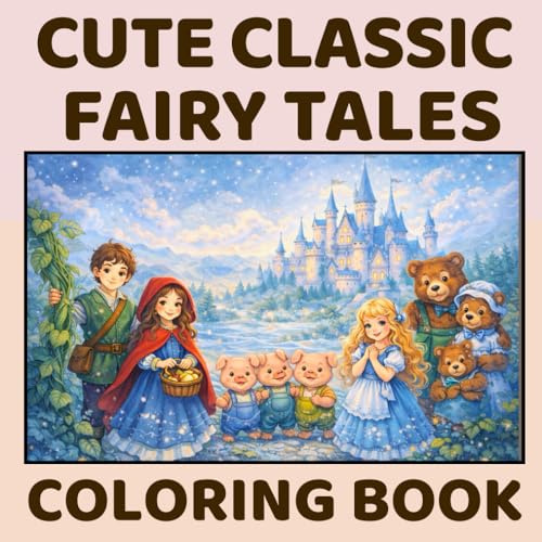 Cute Classic Fairy Tales Coloring Book: With Hygge Cozy Style Fairy Tale Illustrations Featuring Scenes from English, French and German Fairytales and Folklore to Color in.