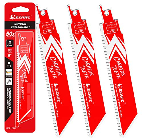 EZARC Säbelsägeblätter Sägeblatt aus Hartmetall Karbid zum schnellen und präzisen Schneiden für dickes Metall, Gusseisen, legierter Stahl 150mm, 8 TPI, 3 tlg, R678HM