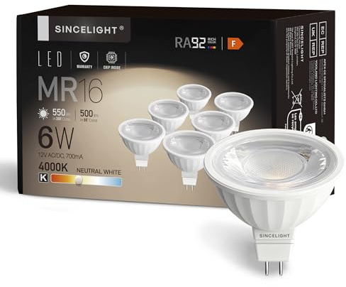 MR16 GU5.3 12V LED Spot Light Bulb Ø50mm Reflector, 6 Watt, 500 Lumens, 50W Halogen Equivalent, 4000K ( Neutral White ), High Color Rending RA≈92, 38°Beam Angle, Pack of 6