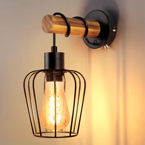 ZMH vägglampa inomhus trä vägglampa vintage retro med strömbrytare industriell design E27 väggspotlight svart med 1 glödlampa metall väggspot för sovrum vardagsrum hall café – utan glödlampor