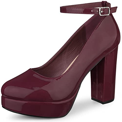 Allegra K Women's Platform Pumps Ankle Strap Chunky High Heels Pumps Burgundy 6 UK/Label Size 8 US