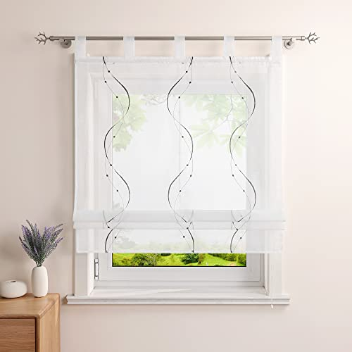 Heichkell Raffrollo mit Schlaufen Voile Tranparent Vorhang Bestickt Modern Raffgardine für Küche Wohnzimmer Schlafzimmer Grau BxH 80x140cm