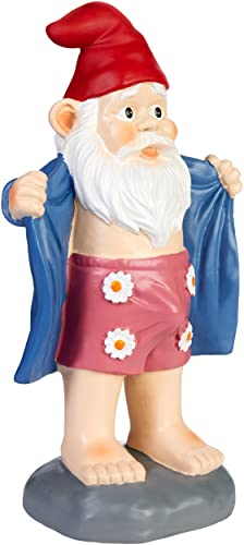 Brubaker Nano da Giardino con Erezione - Gnomo Perverso con Accappatoio e Mutande a Fiori - Divertente Figure di Giardino - Decorazione Resistente alle Intemperie per Esterni - 24 cm