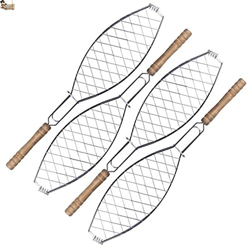 BricoLoco.com Parrilla Pescado Barbacoa Grill Acero Inoxidable. Besuguera Barbacoa. ¡¡¡ Pack 4 uds. !!! Parrillas para carbón, leña, brasa y Chimenea. 55x12 cms. Mango Madera Calidad. (4)