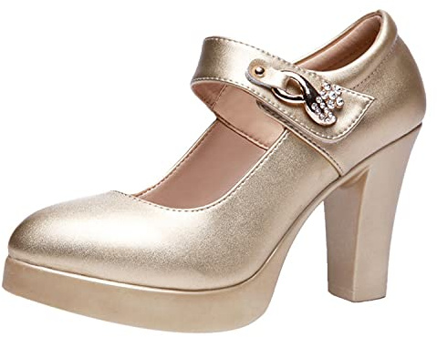 WOkismD Décolleté con Plateau e Tacchi Alti da Donna Décolleté con Fibbia con Strass Cinturino alla Caviglia Mary Janes Scarpe con Tacco Largo Abito da Cerimonia Nuziale Calzature,d'oro,38