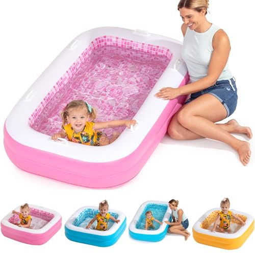 2-in-1 Inflatable Kiddie Pool, 65x39x10 (5'5) Soft Cushioned Floor, Handles, Drain, Shallow Rectangular Blowup Swimming Pool for Kids Age 2+ Toddler Ball Pit, Small Adult Backyard Tanning Pool
