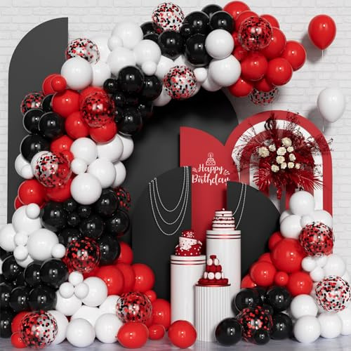 Kit Arco Guirnalda Globos Rojos Negros y Blancos, 148Pcs Kit Arco Globos Rojos Negros y Blancos Con Globos Confeti Para Cumpleaños, Graduación Aniversario Coche Carreras Suministros Tarjetas Póquer