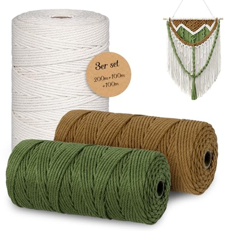 Makramee Garn 3mm x 400 m,Homewit 3 stück Makramee Set Anfänger, Natürliches Qetlavee für selbstgemachte Pflanzenaufhänger, Wandbehänge und Weihnachtsdekorationen（Beige, Grün, Braun）