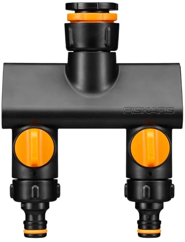 Fiskars Nez de Robinet 2 Sorties à filetage, avec Interrupteurs on/off, pour 3 Tailles de Filetage Ø 21 mm (1/2), Ø 26,5 mm (3/4) et Ø 33,3 mm (1), Comfort, Noir/Orange, 1070577