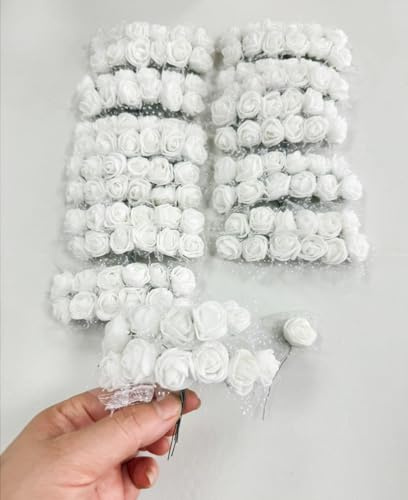 144pcs Mini Artificial Rose Flower Heads and Soft Stem,25mm PE Tiny Rose add Gauze for DIY Wedding Make Bridal Hair Clips,Cake Top,Wrist Corsage Boutonniere,Wreath Bracelet Flower (White)