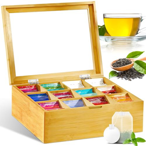 ZQEJEFD Teebox, Teebox aus Holz mit 12 Fächern und Sichtfenster, Teebeutel Aufbewahrungsbox, Teekiste Holz, Einstellbare Fächer, Teeaufbewahrungsboxen für Teebeutel