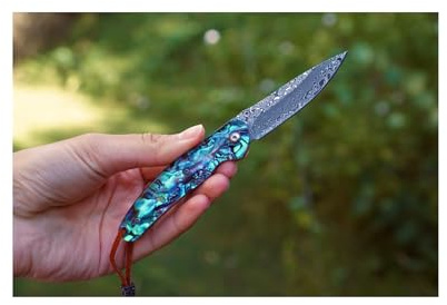 Damast Taschenmesser Edelstahl Japanisch Lederscheide Scharf Muschel Griff Jagdmesser Klappmesser Outdoor Faltbar Camping VG10