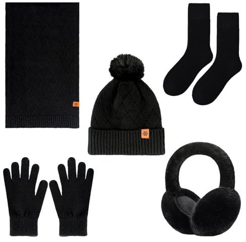 Stickad mössa och halsduk set 5 st vinter kallt väder set, skidutflykt set plysch öronvärmare mössa hatt halsduk pekskärm handskar kvinnor termiska strumpor för skidåkning utomhussport, Svart, one