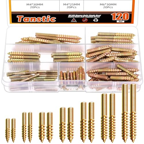 Tanstic 120Pcs M4 M6 Hanger Bolts Double Headed Bolts Self-Tapping Screw Wood Dowel Screw for Wood Furniture(Color Zinc)
