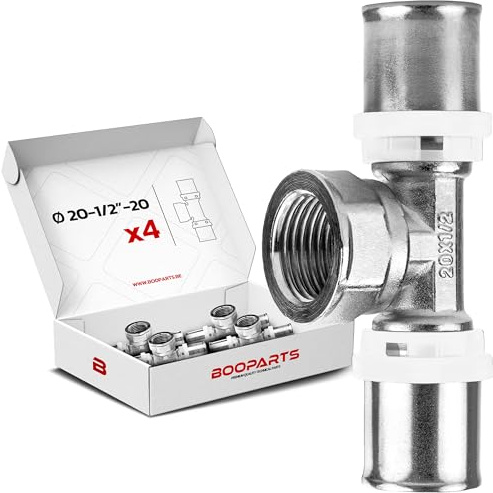 BOOPARTS – 4 st – Presst-T-koppling med invändig gänga Ø20 mm – 1/2 – Ø20 mm | Multilager T-koppling TH-profil | Robust mässing för PEX, PER och kompositrör