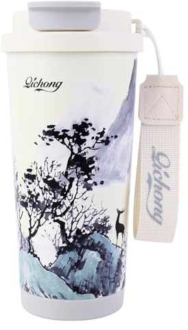 EACHPT Thermo-Kaffeetasse, Thermosbecher, 500 ml, Thermoskanne mit dichtem Deckel, doppelwandig, aus Edelstahl, Kaffeetassen mit faltbarem Strohhalm, für heißen und kalten Kaffee, Milch und Tee