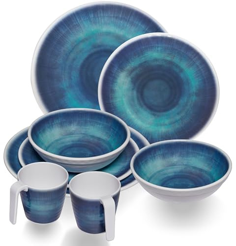 Melamin Geschirr Set Jesolo Blau für 2 Personen - 8 Teile - mit Tassen Steingutoptik Spülmaschinengeeignet Essgeschirr Campingzubehör Campinggeschirr Wohnwagen Camping Festival Picknick Gartenparty
