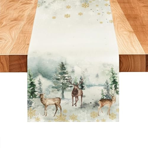 Chemin de Table de Noël Blanc 33x183cm Lavable Milieu de Table Noel Tissu Chemin de Table sur Le Thème de l'hiver Convient pour La Décoration d'Armoires et de Tables à Manger (Renne)