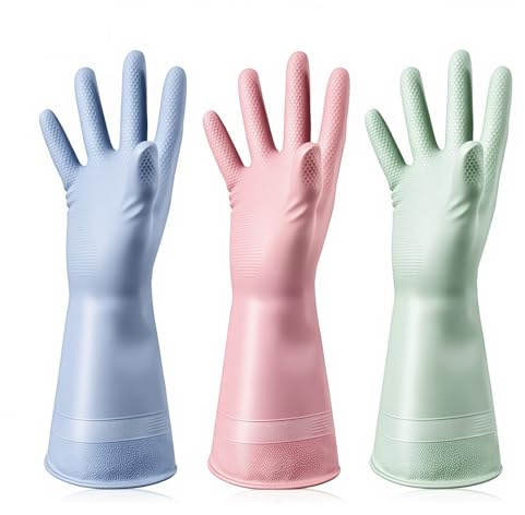 kwinfei 3 Pairs Colourful Household Gloves Reusable Long Rubber Gloves for Kitchen Cleaning Latex Free Washing Up with Soft Lining Non Slip Grip Washing Rubber Large for Household