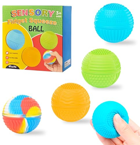 Lot de 4 Balles Anti-Stress Sensorielle pour Enfants et Adultes TDAH - Jouet d'Anxiété avec 10 Textures Différentes - Silicome Doux - Outil Fidget, pour Autisme, Concentration et Relaxation Musculaire