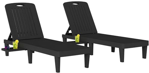 Outsunny Pack de 2 Tumbonas de Jardín Exterior, Tumbonas Reclinables de Plástico PP con Bandeja Lateral, Respaldo Ajustable de 5 Niveles, Resistentes a la Intemperie, para Playa, Piscina, Negro