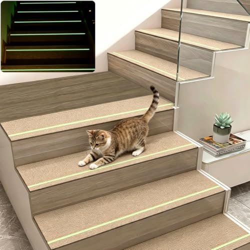 FARYODI 15 alfombrillas para escaleras con rayas que brillan en la oscuridad, autoadhesivas, para escaleras de madera, 100 % poliéster, TPE, parte trasera para niños, ancianos y mascotas, 76 x 20 cm