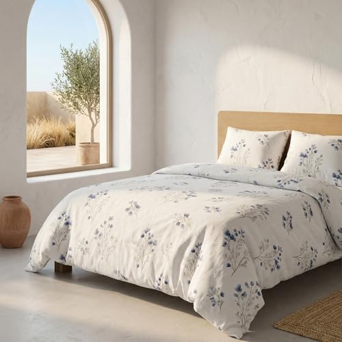 Juego Funda nórdica Cama 180/200 100% algodón, Funda edredón 260x240 cm + 2 Funda Almohada 50x90 cm, Estampado Floral, Azul.