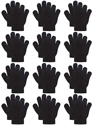 Cooraby 12 Pairs Kids Warm Magic Gloves Teens Winter Stretchy Knit Gloves Boys Girls Knit Gloves (Black, 4-6 Years)