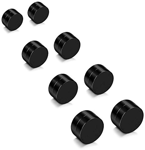 YAODCA 4 Paare 6-12MM Edelstahl Magnet Ohrringe für Herren Damen Rund Ohrstecker Clips Non-Piercing Schwarz Silberton