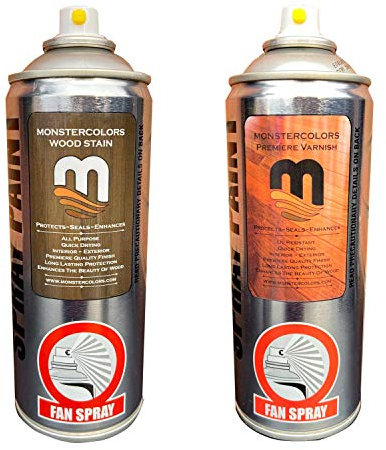 Monster Premiere Wood Stain and Clear Varnish Topcoat 400ml Aerosol Available in 10 Popular Colours, Easy Spray Application, UV Resistant, Hard Wearing, Quality Finish (Antique Pine & Varnish)