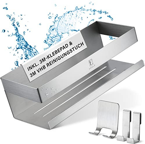 EDELZ® Bad Duschablage Duschkorb ohne Bohren – Shampoo Halterung für Dusche zum Kleben aus rostfreiem mit original 3M Klebepads, 2 beweglichen Haken, extra Rasiererhalter (Edelstahl-Silber)