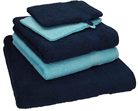 Betz Lot de 5 Serviettes Single Pack 100% Coton 1 Drap de Bain 2 Serviettes de Toilette 2 Gants de Toilette Couleur Bleu foncé - Turquoise