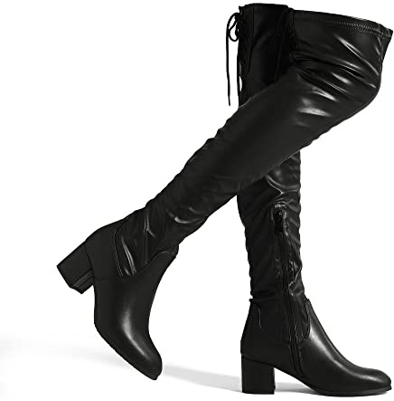 DREAM PAIRS Bottes au-Dessus du Genou pour Femmes Cuissardes à la Mode Coque Tricotée en TPR Durable Confortable,Size 37,Noir/PU,Laurence-E