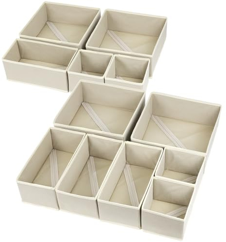Fordonral 12 Pack Drawer Organizer Clothes, Foldable Fabric Dresser Organizer Closet Organizers and Storage Box for Underwear,Folded Clothes,Baby Clothing,Socks,Bra,Towels,Ties(12 Pack,Beige)