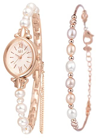 JewelryWe 2 pezzi orologio da donna bracciale da donna analogico al quarzo elegante orologio da polso con braccialetto di perle infinito, bracciale regolabile oro rosa, argento, regalo per donne e