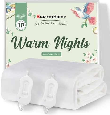 BWARM HOME Electric Blanket Double Heated Electric Underblanket, 150 x 137cm, Dual Control, 3 Heat Settings, Overheat Protection, Easy Fit Straps, Machine Washable